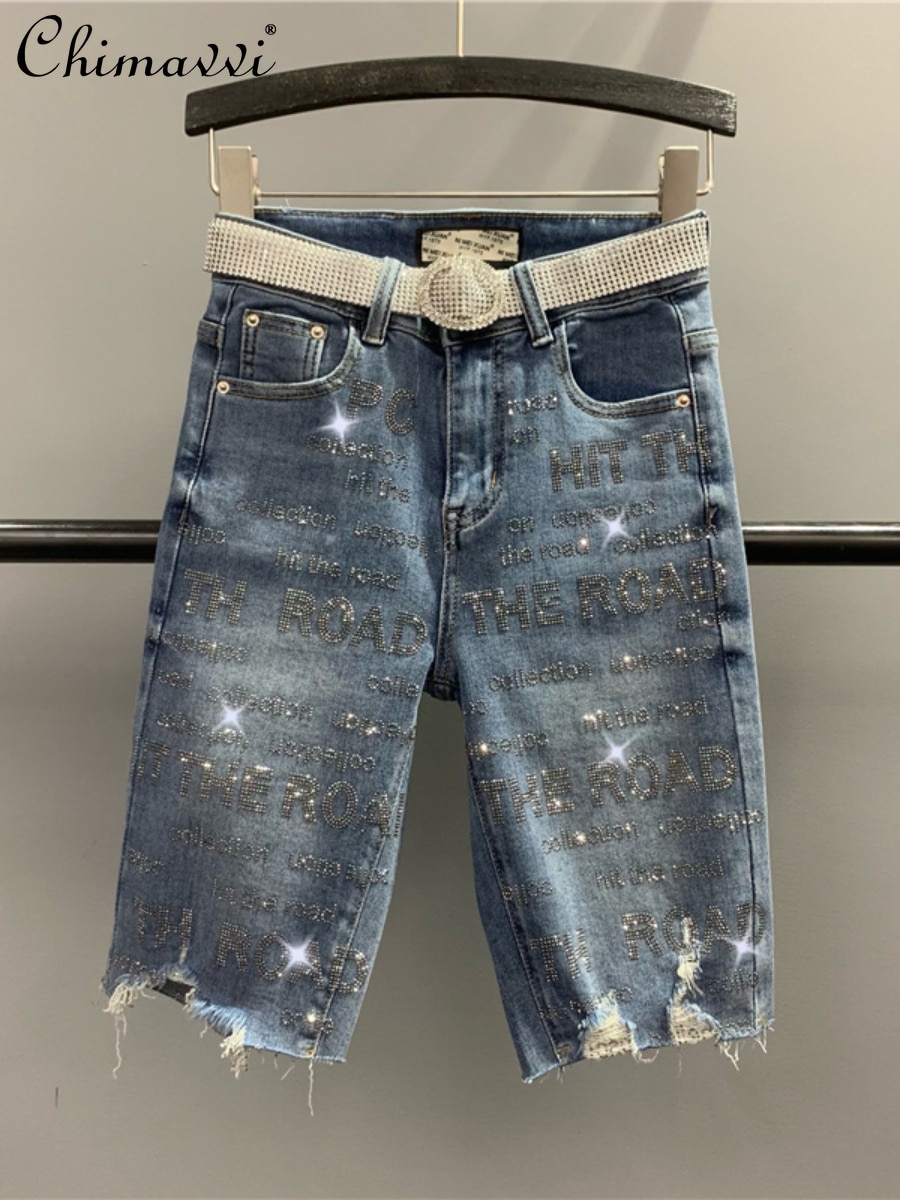 European 2022 Summer New Fashion Elegant Letter Rhinestone Denim Half Pants Women Stretchy High Waist Slimming Straight Shorts